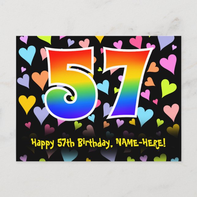 57th Birthday: Fun Hearts Pattern, Rainbow 57 Postcard (Front)