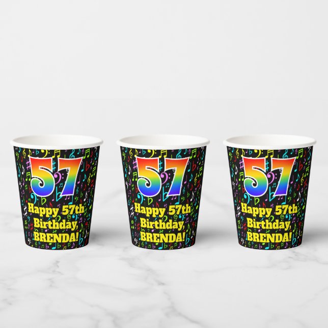 57th Birthday: Fun Music Notes Pattern, Rainbow 57 Paper Cups (Multi)