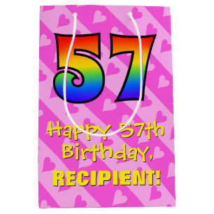 57th Birthday: Fun Pink Hearts Stripes; Rainbow 57 Medium Gift Bag