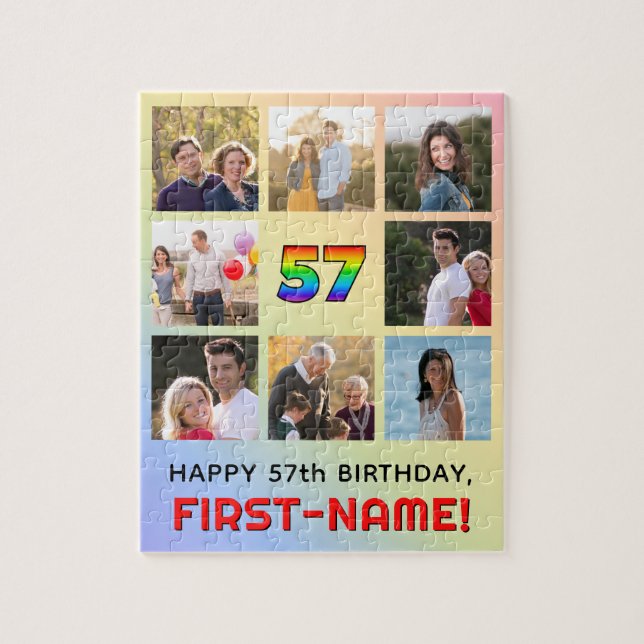 57th Birthday: Fun Rainbow #, Custom Name & Photos Jigsaw Puzzle (Vertical)