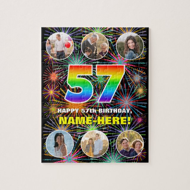57th Birthday: Fun Rainbow #, Custom Name + Photos Jigsaw Puzzle (Vertical)