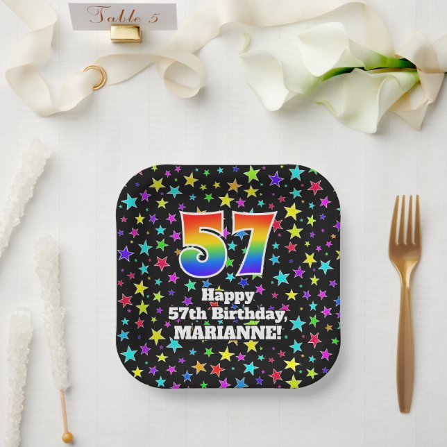 57th Birthday: Fun Stars Pattern and Rainbow “57” Paper Plate (Wedding)