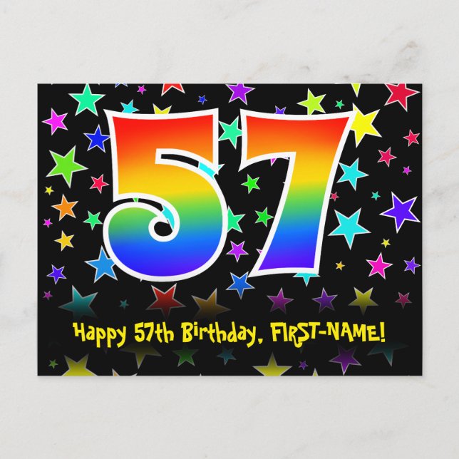 57th Birthday: Fun Stars Pattern, Rainbow 57, Name Postcard (Front)