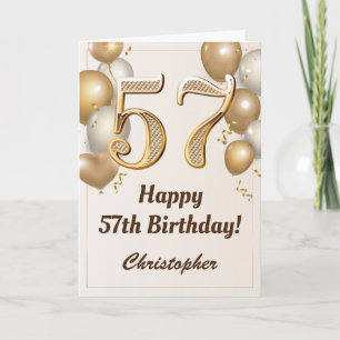 57th Birthday Gold Balloons and Confetti Birthday Card