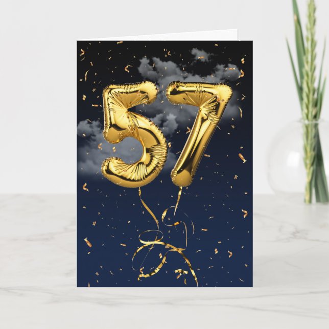 57th Birthday Gold Mylar Balloon and Confetti Card (Front)