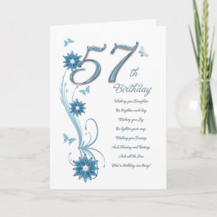 57th birthday in teal with flowers and butterfly card
