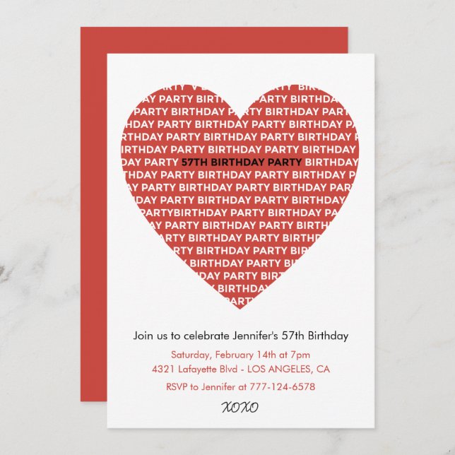 57th birthday invitation Girl xoxo sweetheart (Front/Back)