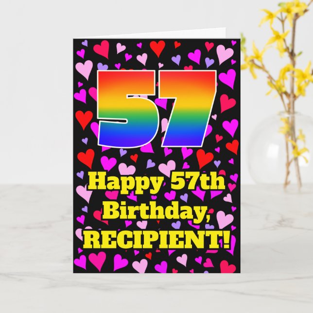 57th Birthday: Loving Hearts Pattern, Rainbow # 57 Card (Yellow Flower)