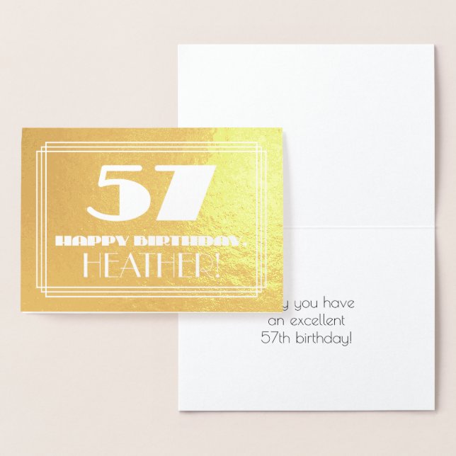 57th Birthday: Name + Art Deco Inspired Look "57" Foil Card (Display)