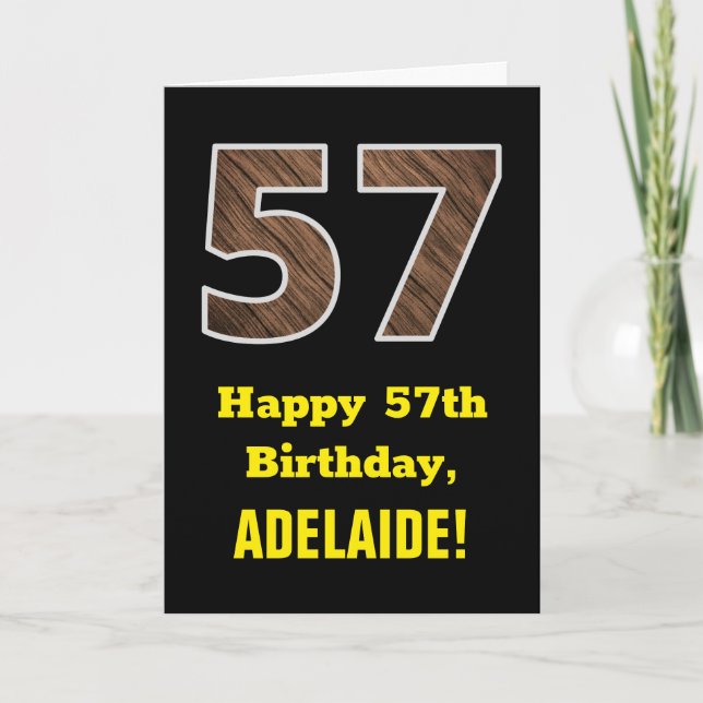 57th Birthday: Name, Faux Wood Grain Pattern "57" Card (Front)