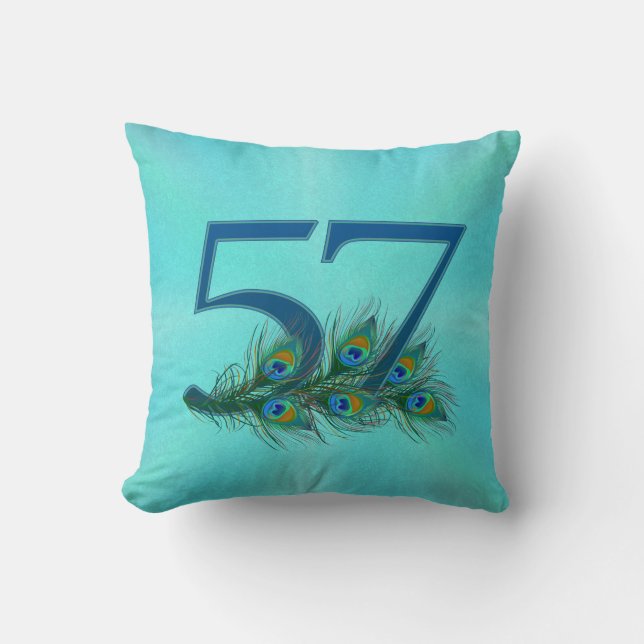 57th Birthday Or Anniversary Peacock Feather Cushion (Front)