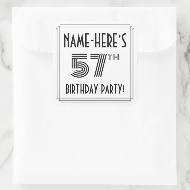 57th Birthday Party: Art Deco Style + Custom Name Square Sticker (Bag)