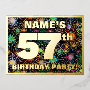 57th Birthday Party: Bold, Colourful Fireworks Loo Foil Invitation Postcard