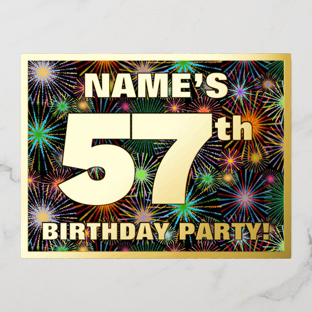 57th Birthday Party: Bold, Colourful Fireworks Loo Foil Invitation Postcard (Front)