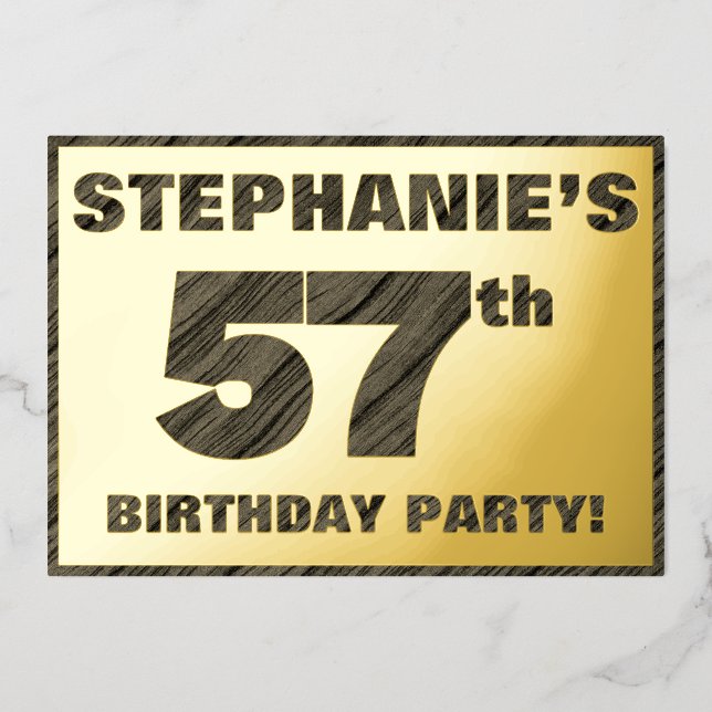 57th Birthday Party — Bold, Faux Wood Grain Text (Front)