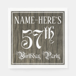57th Birthday Party — Fancy Script, Faux Wood Look Napkin