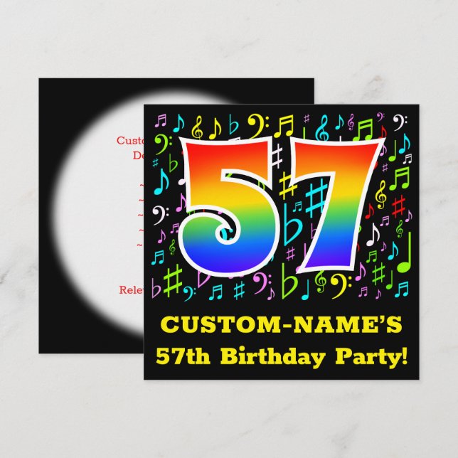 57th Birthday Party: Fun Music Symbols, Rainbow 57 Invitation (Front/Back)