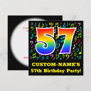57th Birthday Party: Fun Music Symbols, Rainbow 57 Invitation