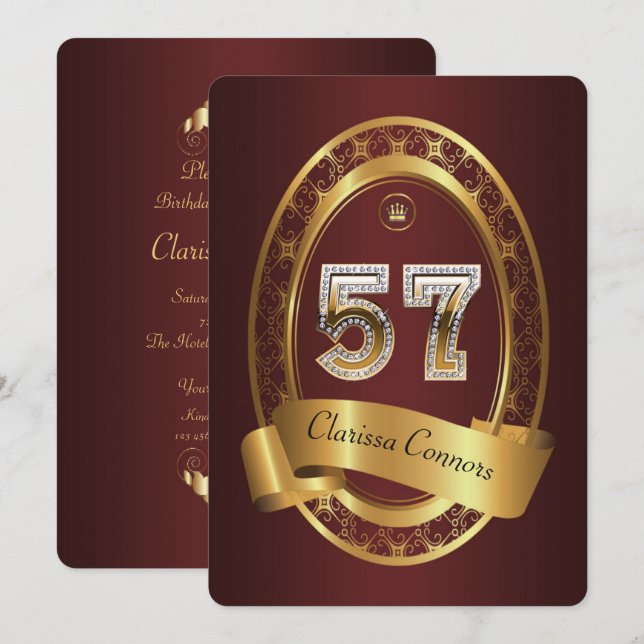 57th,birthday party woman man,elegant colour invitation (Front/Back)