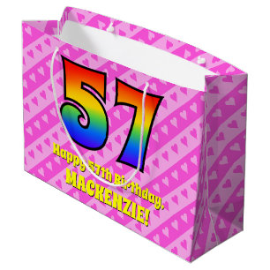 57th Birthday: Pink Stripes & Hearts, Rainbow # 57 Large Gift Bag