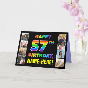 57th Birthday: Rainbow Text, Custom Photos & Name Card