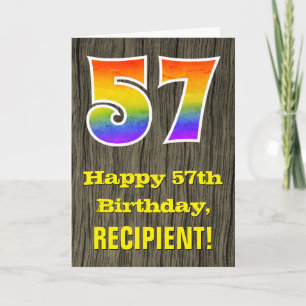 57th Birthday: Rustic Faux Wood Look, Rainbow "57" Card