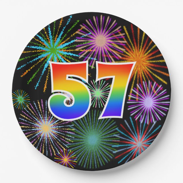 57th Event - Fun, Colourful, Bold, Rainbow 57 Paper Plate (Front)