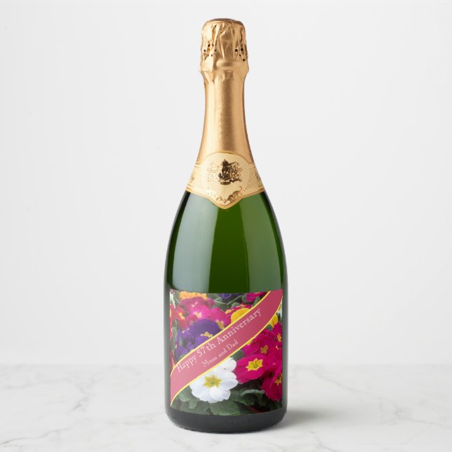 57th Wedding Anniversary Colourful Polyanthus Sparkling Wine Label (Front)
