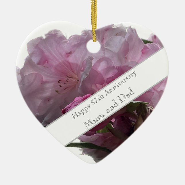 57th Wedding Anniversary Pink Rhododendron Ceramic Ceramic Tree Decoration (Front)