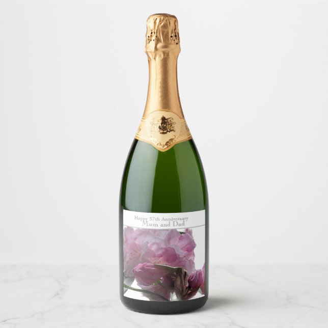 57th Wedding Anniversary Pink Rhododendron Sparkling Wine Label (Front)
