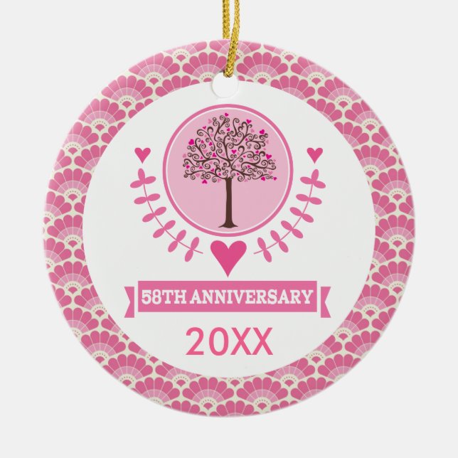 58th Anniversary Love Gift Couples Tree Ceramic Tree Decoration (Front)