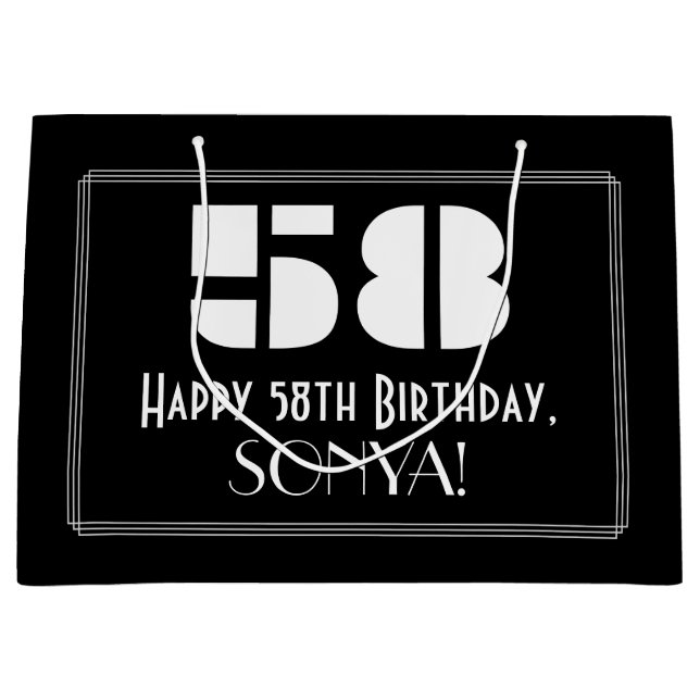 58th Birthday ~ Art Deco Inspired Look "58" + Name Large Gift Bag (Front)