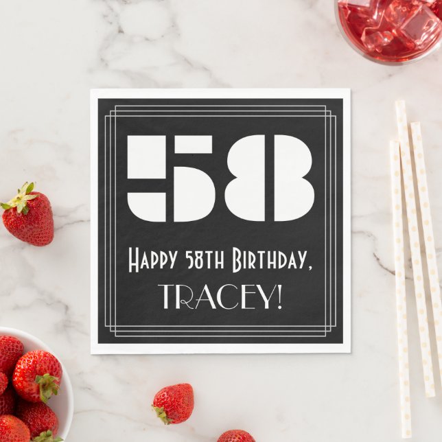 58th Birthday: Art Deco Inspired Look "58" + Name Napkin (Insitu)