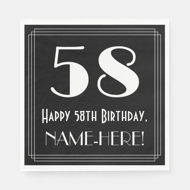 58th Birthday ~ Art Deco Inspired Look "58", Name Napkin (Front)