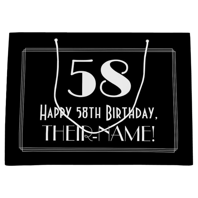 58th Birthday: Art Deco Inspired Style "58", Name Large Gift Bag (Front)