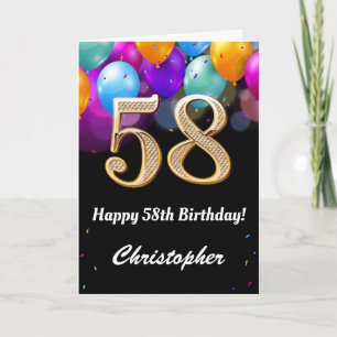 58th Birthday Black and Gold Colourful Balloons Card