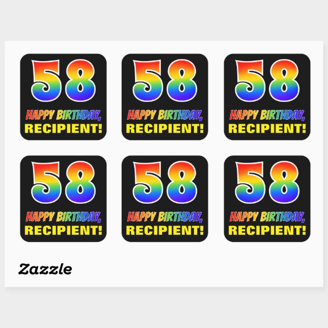 58th Birthday: Bold, Fun, Simple, Rainbow 58 Square Sticker (Sheet)
