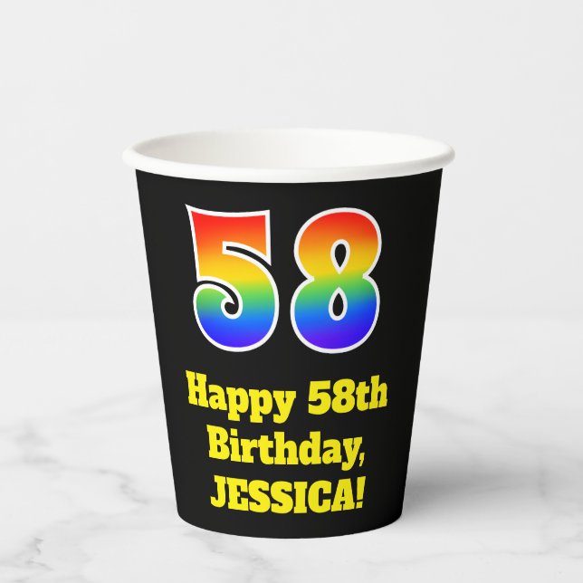 58th Birthday: Colourful, Fun, Exciting, Rainbow 5 Paper Cups (Front)