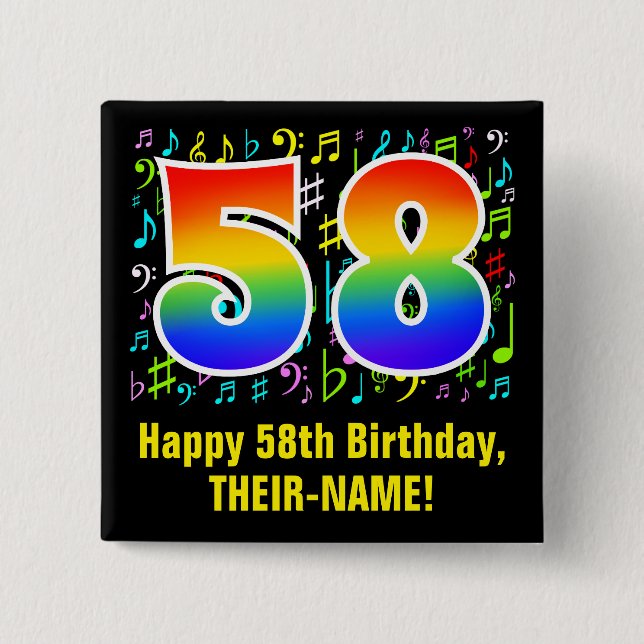 58th Birthday: Colourful Music Symbols, Rainbow 58 15 Cm Square Badge (Front)