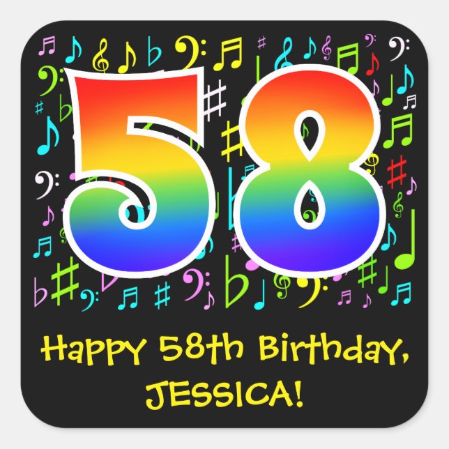 58th Birthday: Colourful Music Symbols, Rainbow 58 Square Sticker (Front)