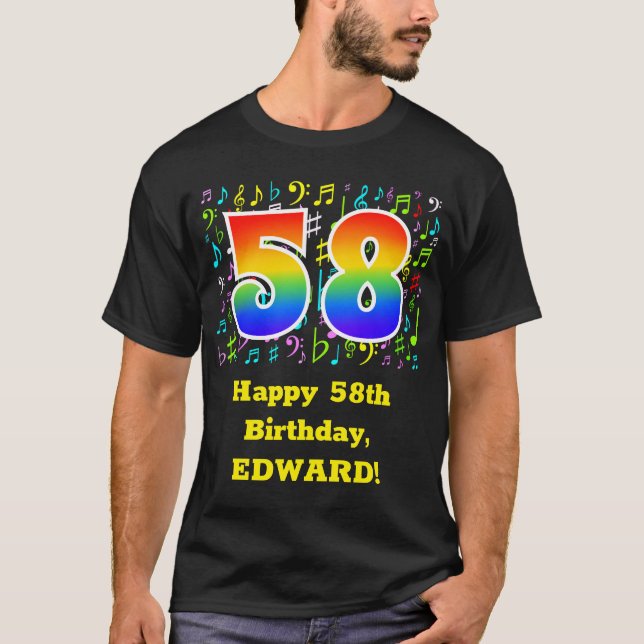58th Birthday: Colourful Music Symbols, Rainbow 58 T-Shirt (Front)