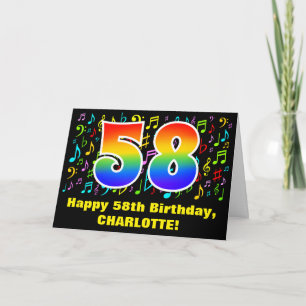 58th Birthday: Colourful Music Symbols & Rainbow 5 Card