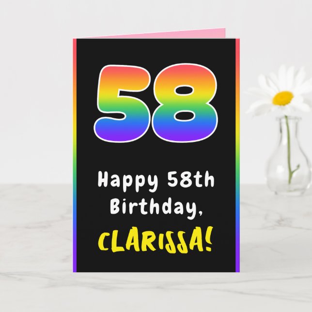 58th Birthday: Colourful Rainbow # 58, Custom Name Card (Small Plant)