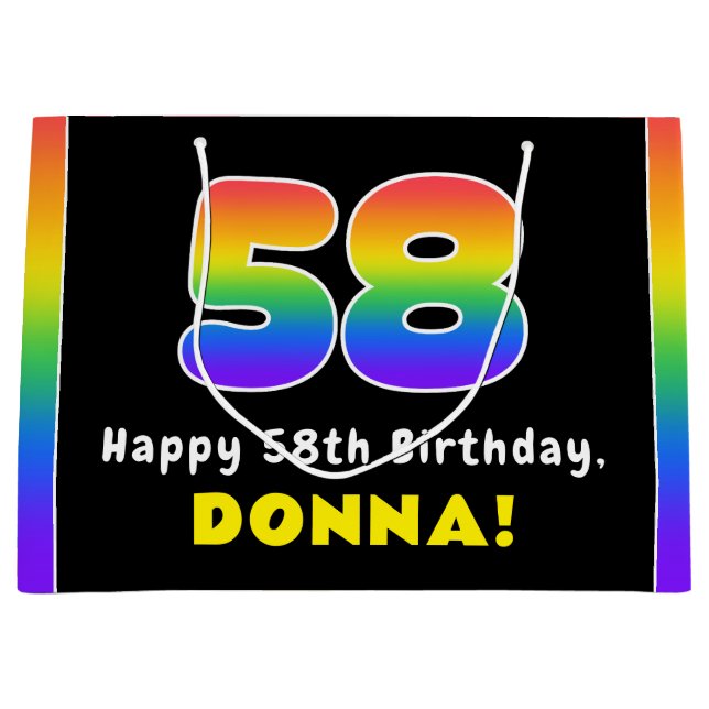 58th Birthday: Colourful Rainbow # 58, Custom Name Large Gift Bag (Front)