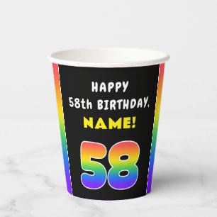 58th Birthday: Colourful Rainbow # 58, Custom Name Paper Cups