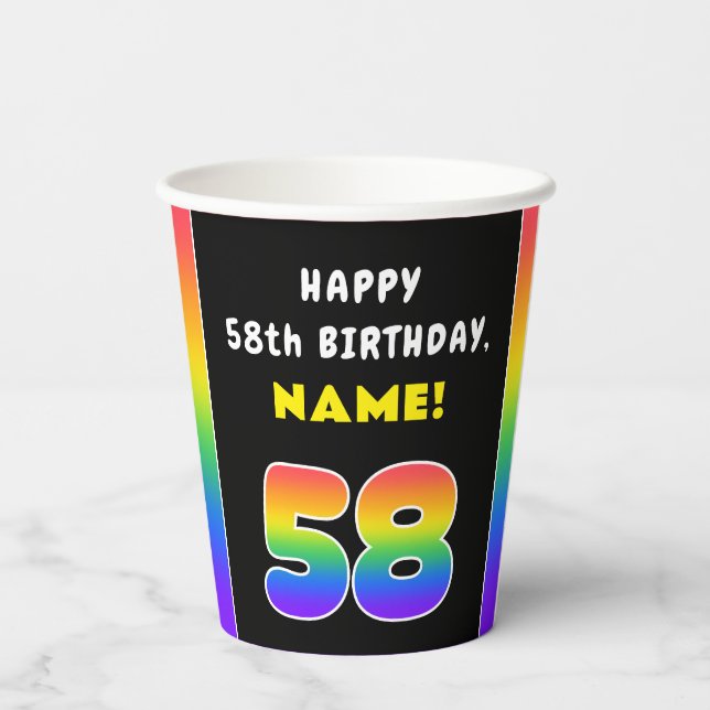 58th Birthday: Colourful Rainbow # 58, Custom Name Paper Cups (Back)