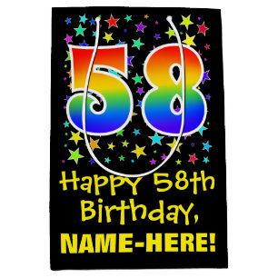 58th Birthday: Colourful Stars Pattern & Rainbow 5 Medium Gift Bag