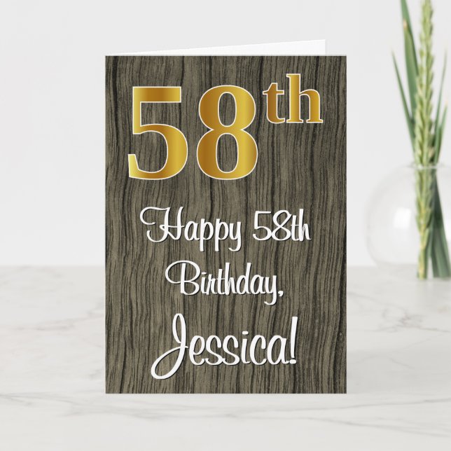 58th Birthday: Elegant Faux Gold Look #, Faux Wood Card (Front)