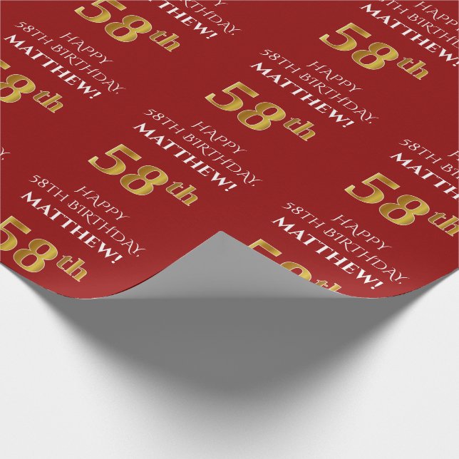 58th Birthday: Elegant, Red, Faux Gold Look Wrapping Paper (Corner)