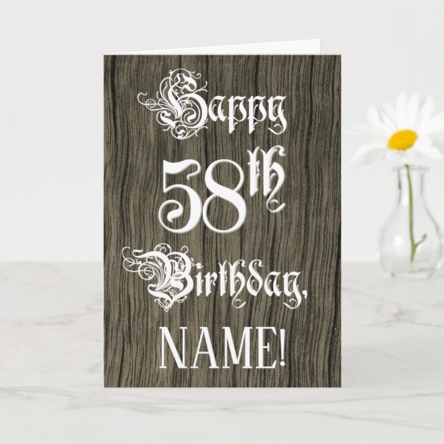 58th Birthday: Fancy, Elegant Text; Faux Wood Look Card (Small Plant)